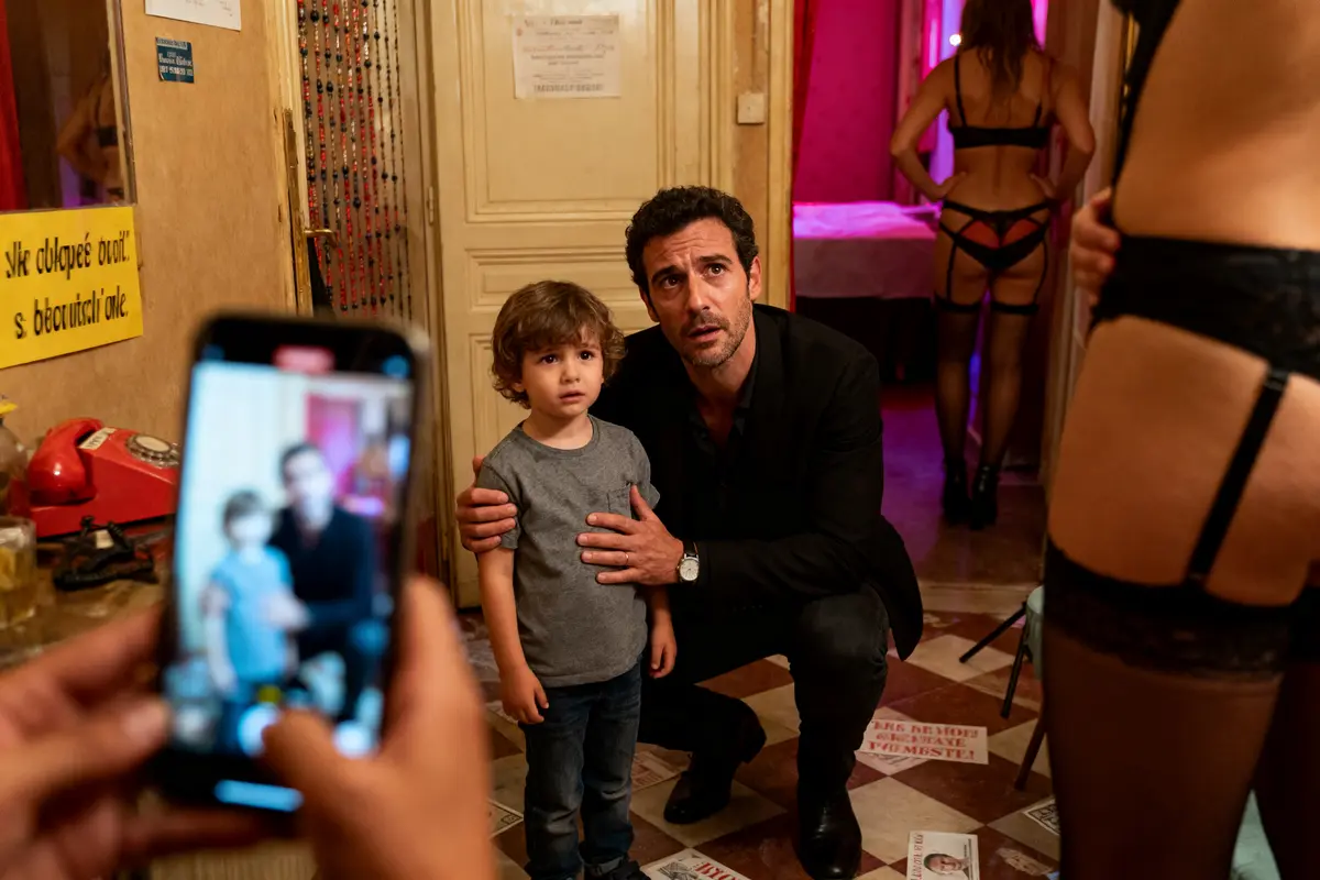 Un homme et un enfant surpris dans une pièce, photographiés, présence de femmes en lingerie.