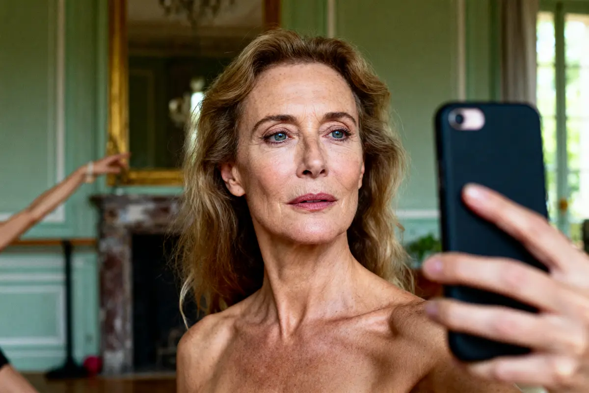 Une femme prend un selfie dans une pièce élégante, avec un miroir et un bras en arrière-plan.