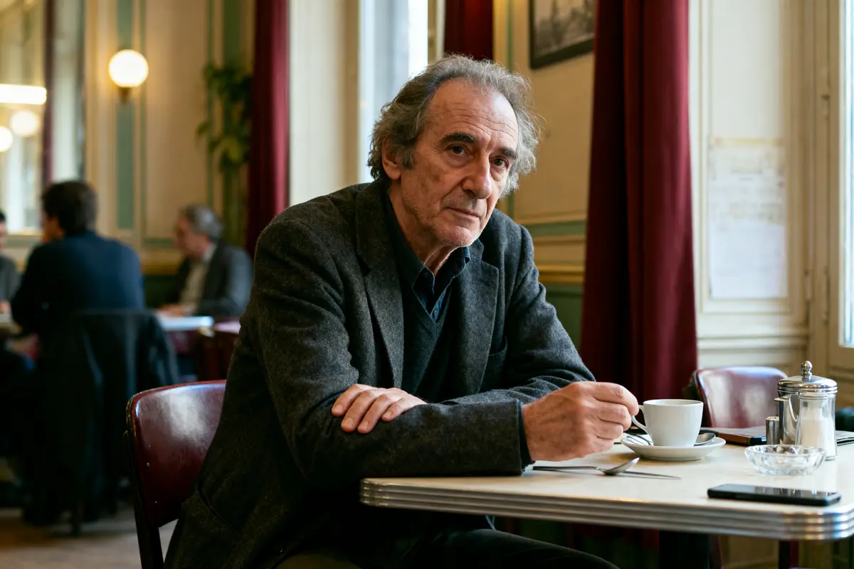 Homme assis dans un café, tenant une tasse, regard pensif, ambiance chaleureuse, autres personnes en arrière-plan.