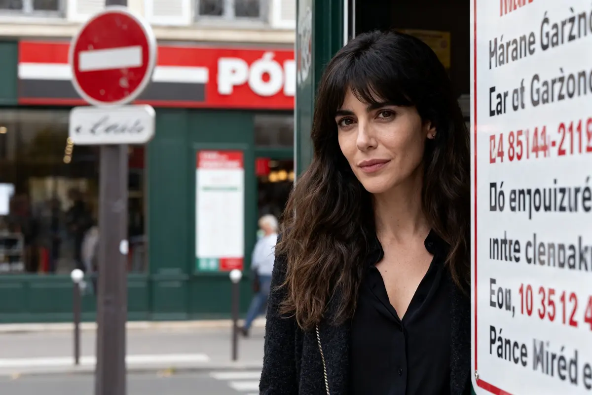 Femme posant près d'un panneau de rue à sens interdit dans une rue urbaine animée.