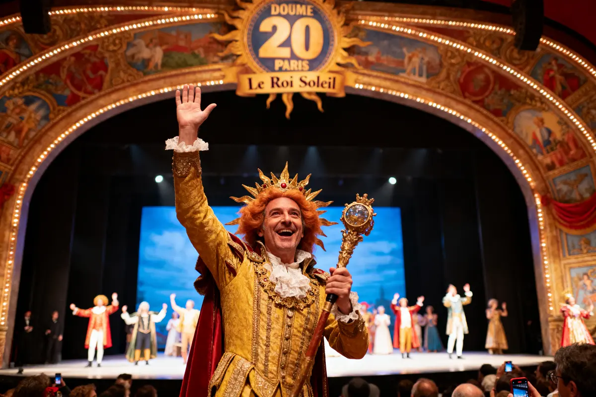 Homme en costume royal doré, scène théâtrale Le Roi Soleil, artistes en arrière-plan, public applaudit.